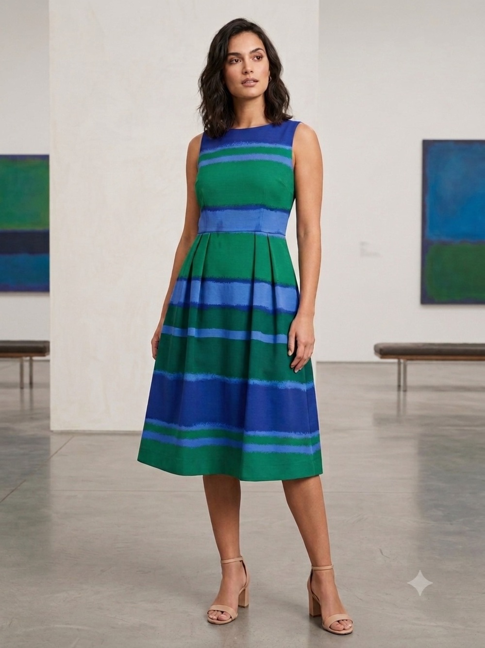 New York & Company Blue and Green Striped Midi Dress